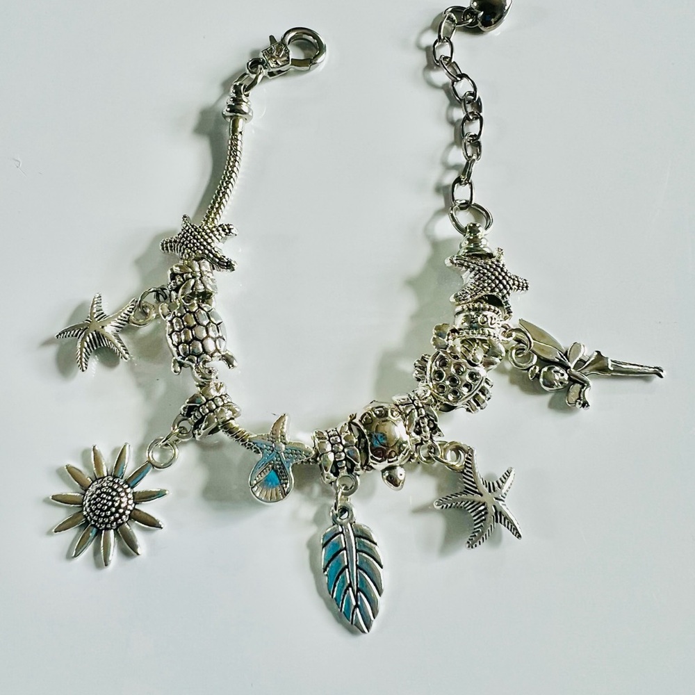 Silver Charm Bracelet with Ocean-Themed Charms